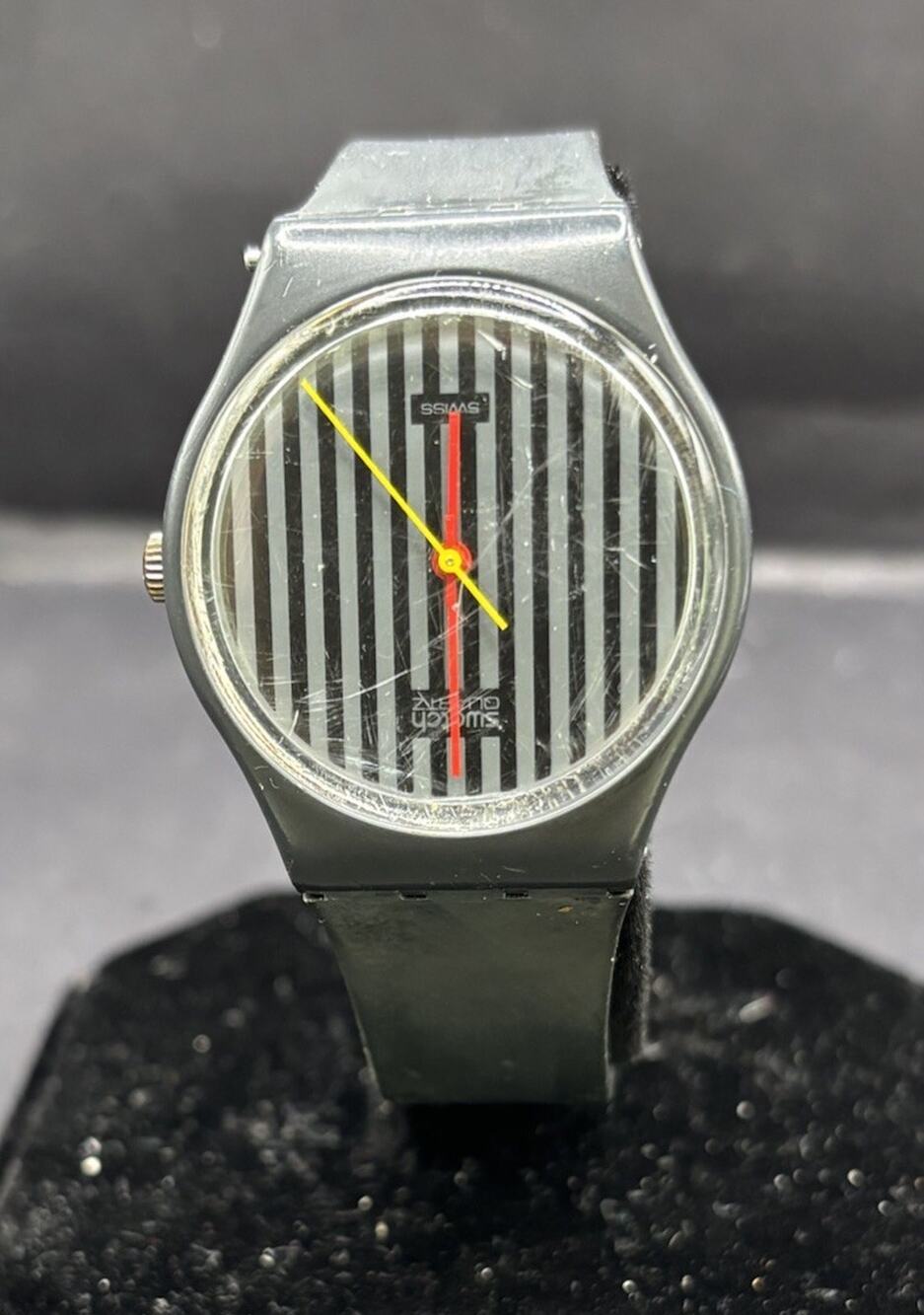 Vintage 80s Swatch Watch Pinstripe Gent Charcoal Gray/Black New Battery Read